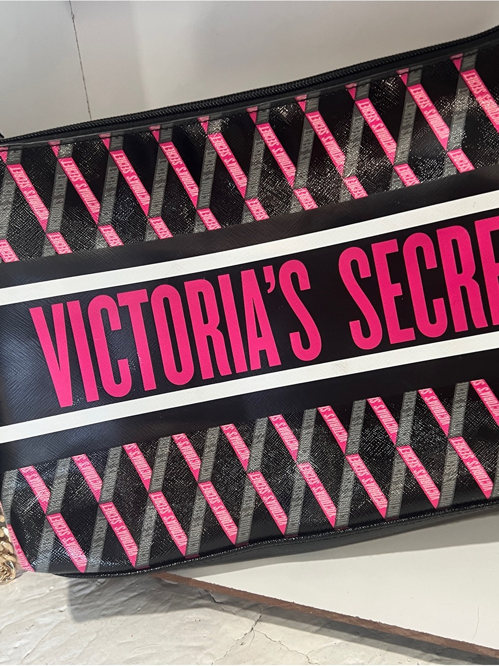 Victoria's Secret Black & Hot Pink Logo Wristlet Pouch Large